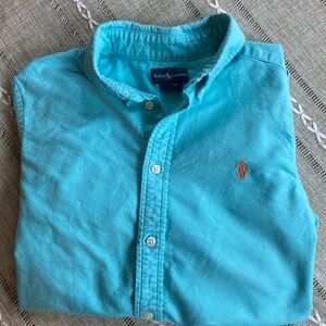 Boy’s large teal blue plaid long sleeve button up Ralph Lauren shirt